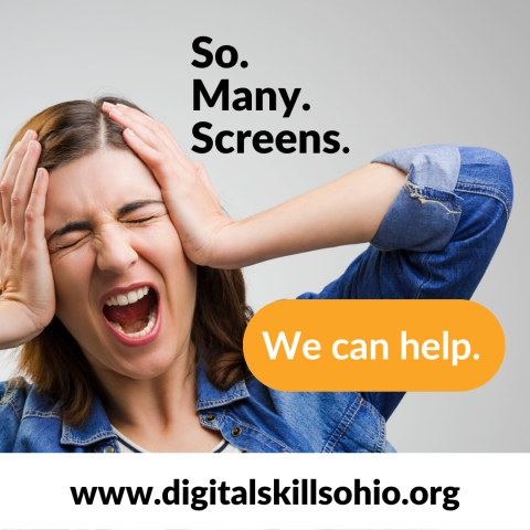 A woman with her eyes closed and hands held to her head. Text reads: so many screens. We can help.